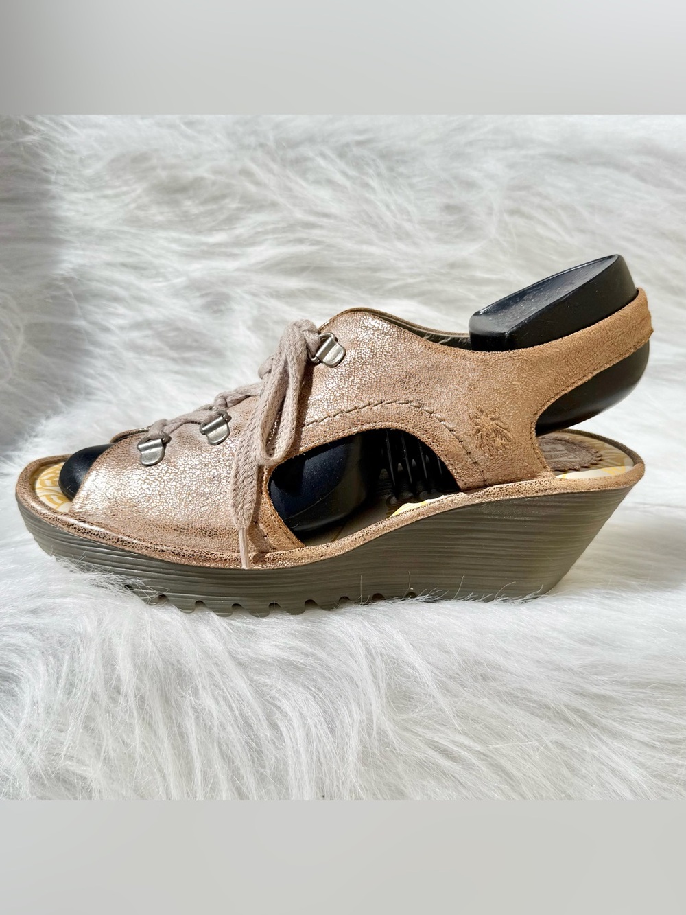 Lace-Up Metallic Taupe Wedge Sandal
